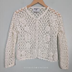 Crochet Cardigan Sweater M White Vintage 90 Grunge Floral Sheer Feminine Hippie